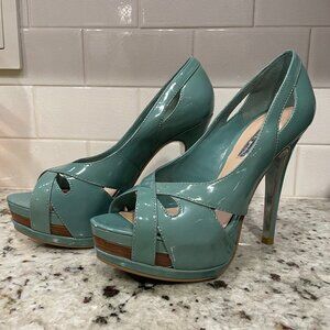H by HALSTON Peep Toe Platform Heels, Sz 7M Seafoam Green Patent Leather